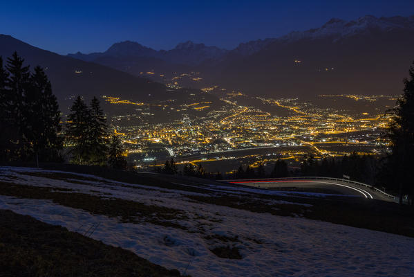 View on Aosta at dusk, Aosta Valley, Italy