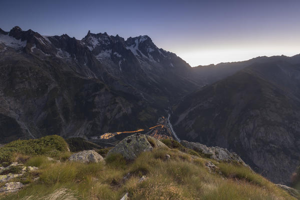 Panorama on Courmayeur and the central valley from Mont Chétif at sunrise, Aosta Valley, Italy