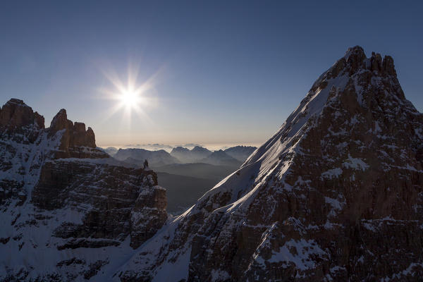 Croda Rossa, Passo della Sentinella and Cima Undici. In the background Friulan Dolomites. Sexten Dolomites, Comelico Superiore, province of Belluno, Italy