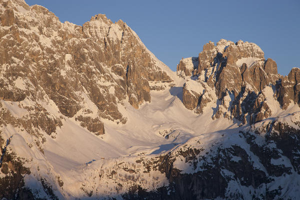 Cima Undici and Croda Rossa di Sesto. Popera group, Sexten Dolomites. Down, in the popera Valley, Antonio Berti hut. Comelico superiore, Belluno province, veneto region, Italy, Europe 