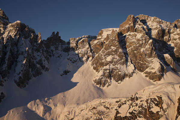 Popera group, Sexten Dolomites. Below, under a snow, the Antonio Berti hut. Comelico Superiore, Belluno province, veneto region, Italy, Europe 