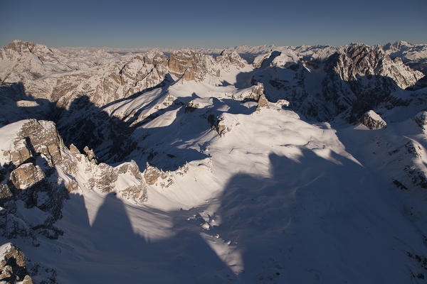 Overview of the Natural Park of Sexten Dolomites. In the foreground Paterno mount and Locatelli hut. Bolzano province, Trentino Alto Adige region, Italy, Europe 