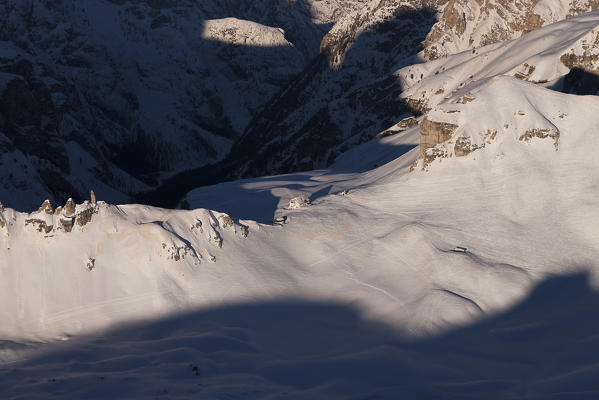 Locatelli hut over the snow, Sexten Dolomites. Bolzano province, Trentino Alto Adige region, Italy, Europe 