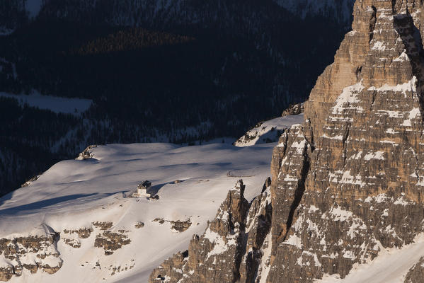 Auronzo hut under the west peak. Three peak of Lavaredo, Misurina, Belluno province, Veneto region, Italy, Europe 