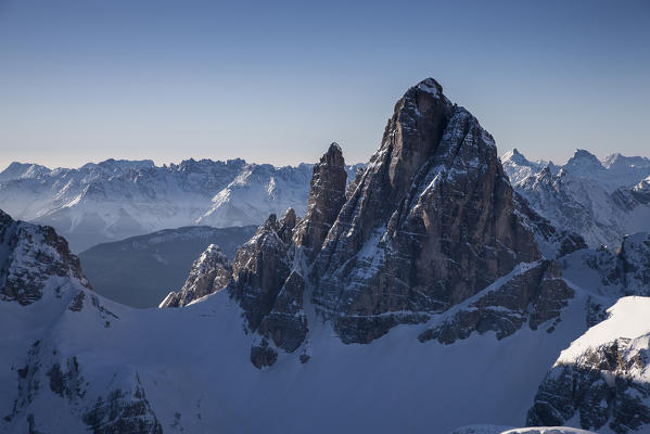Croda dei Toni and Giralba pass on the left. Popera Group, Sexten dolomites .Bolzano province, Trentino Alto Adige region, Italy, Europe 