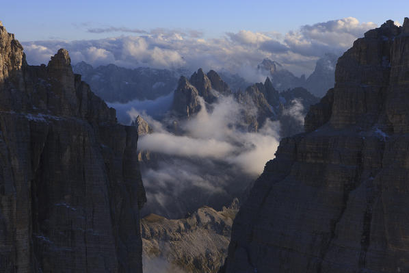 The Cadini of Misurina between the Three Peaks of Lavaredo. Natural park of Sexten Dolomites. It lies between the borders of the Veneto and Trentino Alto Adige regions. Italy. Europe.  
