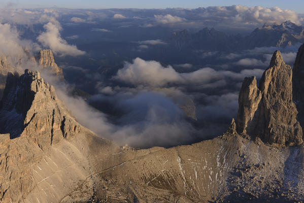 Lavaredo Pass, Three Peaks of Lavaredo. Natural park of Sexten Dolomites,  It lies between the borders of the Veneto and Trentino Alto Adige regions. Italy. Europe. 