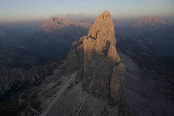 Sunrise on the Three Peaks of Lavaredo.Natural park of Sexten Dolomites. It lies between the borders of the Veneto and Trentino Alto Adige regions. Italy. Europe. 