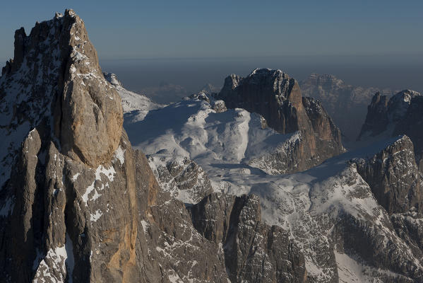 Aerial view of Cimon della Pala peak. Paneveggio natural park, Pale di San Martino groups, Dolomites. Trento province, Trentino Alto Adige region. Italy, Europe 