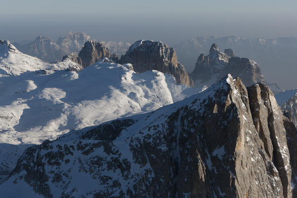 Aerial view of the plateau from vezzana peak. Paneveggio natural park, Pale di San Martino groups, Dolomites. Trento province, Trentino Alto Adige region. Italy, Europe 