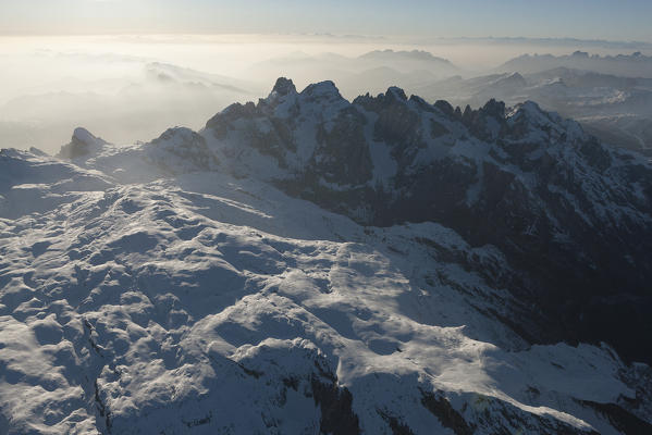 Aerial view of the great plateau of Paneveggio natural park, Pale di San Martino groups, Dolomites. Trento province, Trentino Alto Adige region. Italy, Europe 