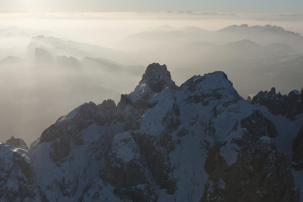 The aerial view of the Cimon della Pala and Vezzana peak. Paneveggio natural park, Pale di San Martino groups. Dolomites. Trento province, Trentino Alto Adige region. Italy, Europe  
