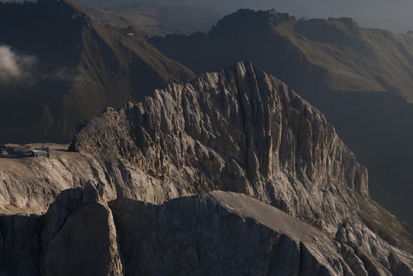 Piz and hut Serauta and the Sass da les Unesc. Marmolada group, Dolomites. Belluno province, Veneto region. Italy Europe. 