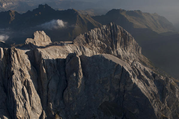Piz and hut Serauta, sass da les Unesc and the Sass da les Dudesc. Marmolada group, Dolomites. Belluno province, Veneto region. Italy Europe. 
