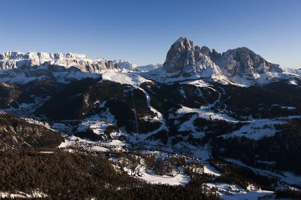 Aerial view over the Val Gardena, langkofel and Sella group. Bolzano province, Trentino Alto-Adige region. Italy, Europe