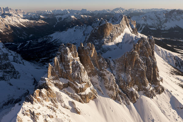 The Vajolet Towers, of the Rosengarten group, dolomites. Trento province, Trentino Alto-Adige region. Italy, Europe
