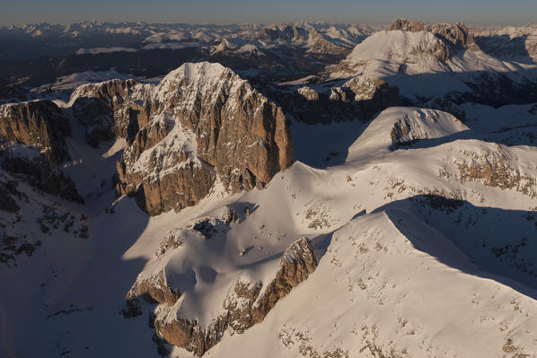 Aerial view over the the Rosengarten and Langkofelgroup, dolomites. Trento province, Trentino Alto-Adige region. Italy, Europe