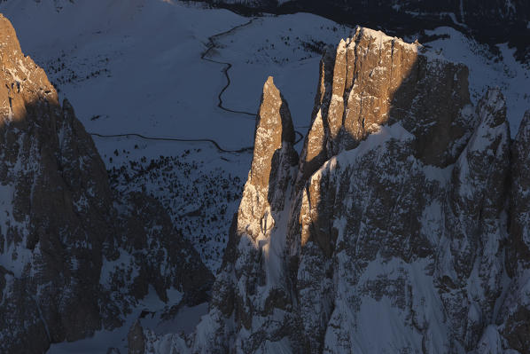 Aerial View over the Five Fingers and Sassolungo pass. Sassolungo groups, dolomites. Bolzano province, Trentino Alto-Adige region. Italy, Europe