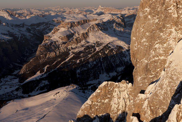 Aerial view over Val Gardena and Cir peaks, from the big wall of Langkofel. Dolomites, Bolzano province, Trentino Alto-Adige region. Italy, Europe