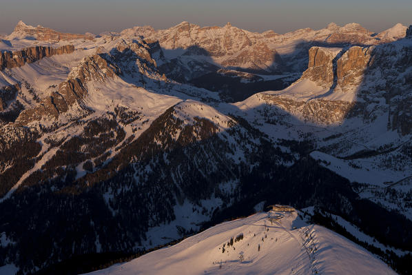 Aerial view over Val Gardena and Valgardena pass. Dolomites,  Bolzano province, Trentino Alto-Adige region. Italy, Europe