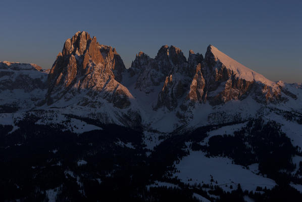 The langkofel group on the sunset. Dolomites, Bolzano province, Trentino Alto-Adige region. Italy, Europe