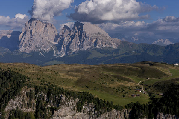 Aerial view of the Seiser Alm, the largest high altitude Alpine meadow in Europe. On background, the Langkofel group. Dolomites, Bolzano province, Trentino Alto-Adige region. Italy, Europe