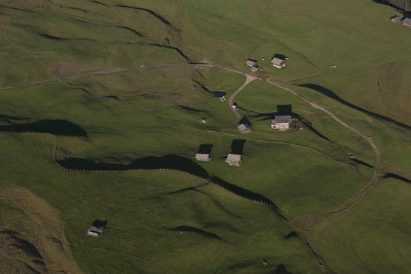 Aerial view of the Seiser Alm, the largest high altitude Alpine meadow in Europe. Dolomites, Bolzano province, Trentino Alto-Adige region. Italy, Europe