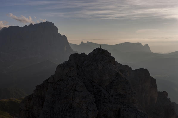 The aerial view on the sunset from the summit of Gran Cir. On background, the Lankofel and Schlern mountain. Dolomites, Bolzano province, Trentino Alto-Adige region. Italy, Europe