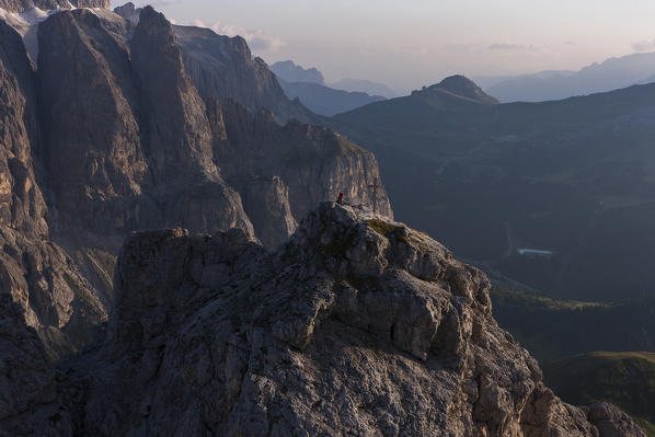 The aerial view on the sunset from the summit of Gran Cir. On background, the Sella group mountain. Dolomites,  Bolzano province, Trentino Alto-Adige region. Italy, Europe
