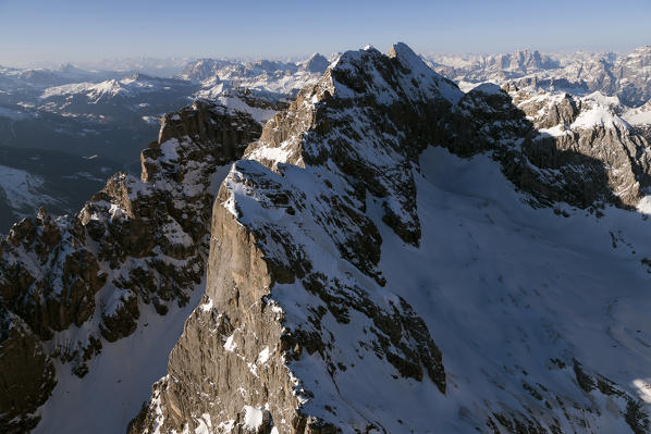 An aerial view of the Civetta mountain, east side, 3220m.asl (10.564ft). Dolomites. Belluno province, Veneto region, Italy, Europe. 


