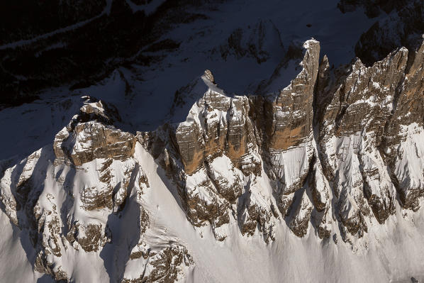 Bird's eye view of Coldai, Alleghe and Da Lago peaks, Civetta Group, Dolomites. Belluno province, Veneto region, Italy, Europe