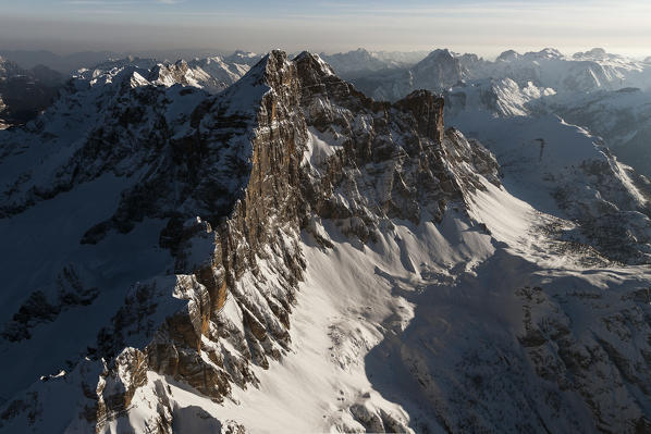 An aerial view of the Civetta mountain, west side, 3220m.asl. (10.564ft). Dolomites. Belluno province, Veneto region, Italy, Europe. 

