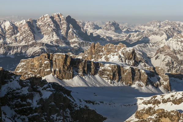 Lastoi De Formin and Croda da Lago. In the background, Cristallo mountain and Tree peaks of Lavaredo, Dolomites. Belluno province, Veneto region, Italy, Europe. 

