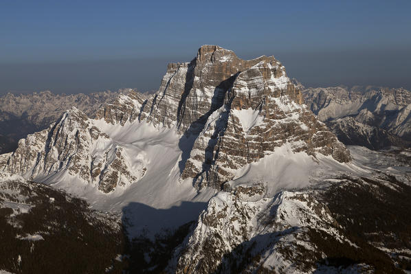 An aerial view of the Pelmo mountain, Dolomites. Belluno province, Veneto region, Italy, Europe. 
