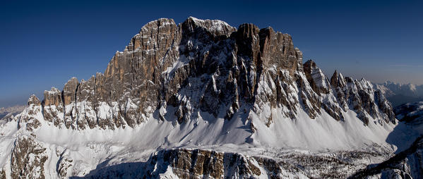 A big overview of the majestic west side of the Civetta mountain 3220masl (10.564ft). Dolomites. Belluno province, Veneto region, Italy, Europe. 

