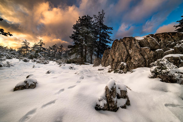Snow in Limbara Mountain, Olbia Tempio Province, sardinia, italy, europe.