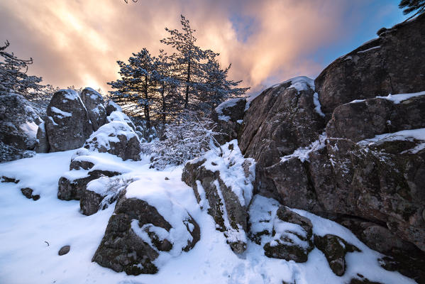 Snow in Limbara Mountain, Olbia Tempio Province, sardinia, italy, europe.