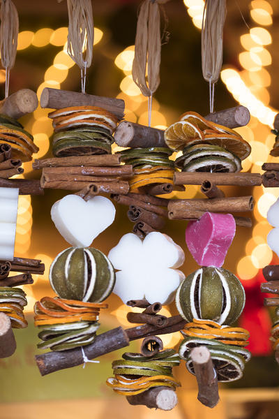 detail of Christmas decorations made with hearts of soap, cinnamon and dried fruit into the Christmas Markets, Bolzano province, South Tyrol, Trentino Alto Adige, Italy
