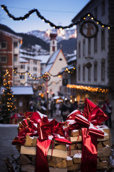 a view of the alpine village of Ortisei in Val Gardena, during the Christmas Market, Bolzano province, South Tyrol, Trentino Alto Adige, Italy, 