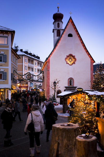 a view of the alpine village of Ortisei in Val Gardena, during the Christmas Market, Bolzano province, South Tyrol, Trentino Alto Adige, Italy,