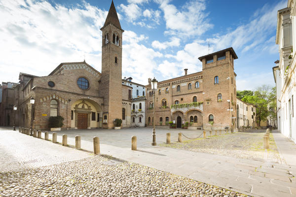 a view of St. Nicolò Square, a beautiful little square in centre of Padua with the St. Nicolò Church in background, Padua province, Veneto, Italy, Europe