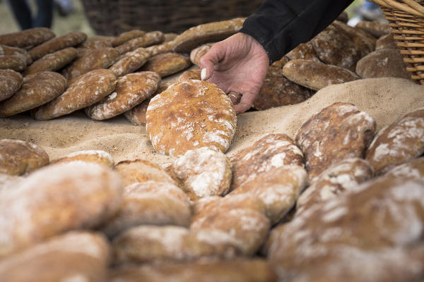 a basket full of schüttelbrot, the typical south tyrolean bread, bolzano province;italy;south tyrol;trentino alto adige