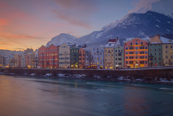 The colorful buildings of Mariahilf at dusk, Innsbruck, Tyrol, Asutria