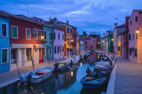 Fondamenta di Cavanella at dusk, Burano, Venice, Italy, Europe