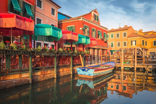 A lonely Boat at the end of the canal, Burano, Venice, Veneteo, Italy, Europe