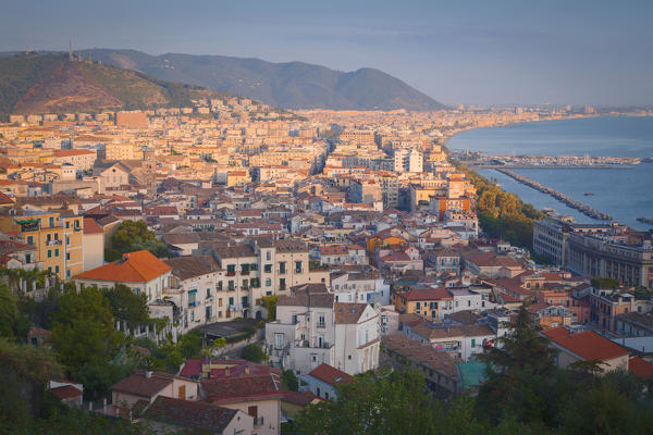 The view of the city of Salerno at dusk , Campania, Italy, Europe