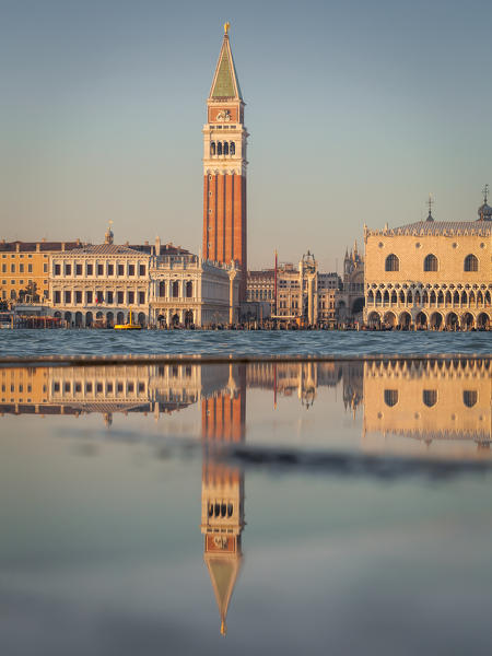 San Marco and its bell tower reflected in a puddle, Venice, Veneto, Italy, Europe