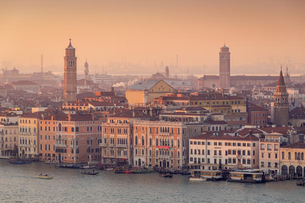 The Facades of Grand Canal with the churches of Venice in the background at dusk, Veneto, Italy, Europe