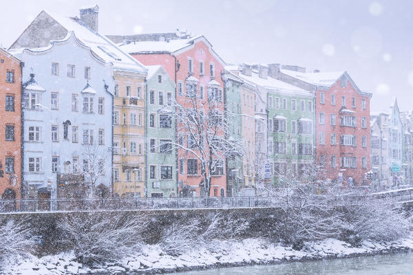 Mariahilf facades on a snowy day, Innsbruck, Tyrol, Austria, Europe