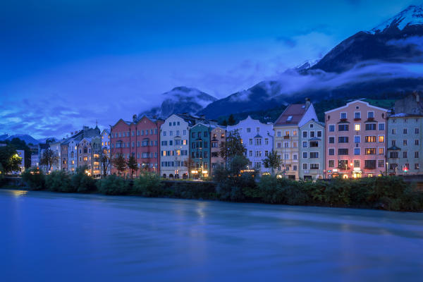 Mariahilf buildings seen from Innbruecke bridge, Innsbruck, Tyrol, Austria, Europe